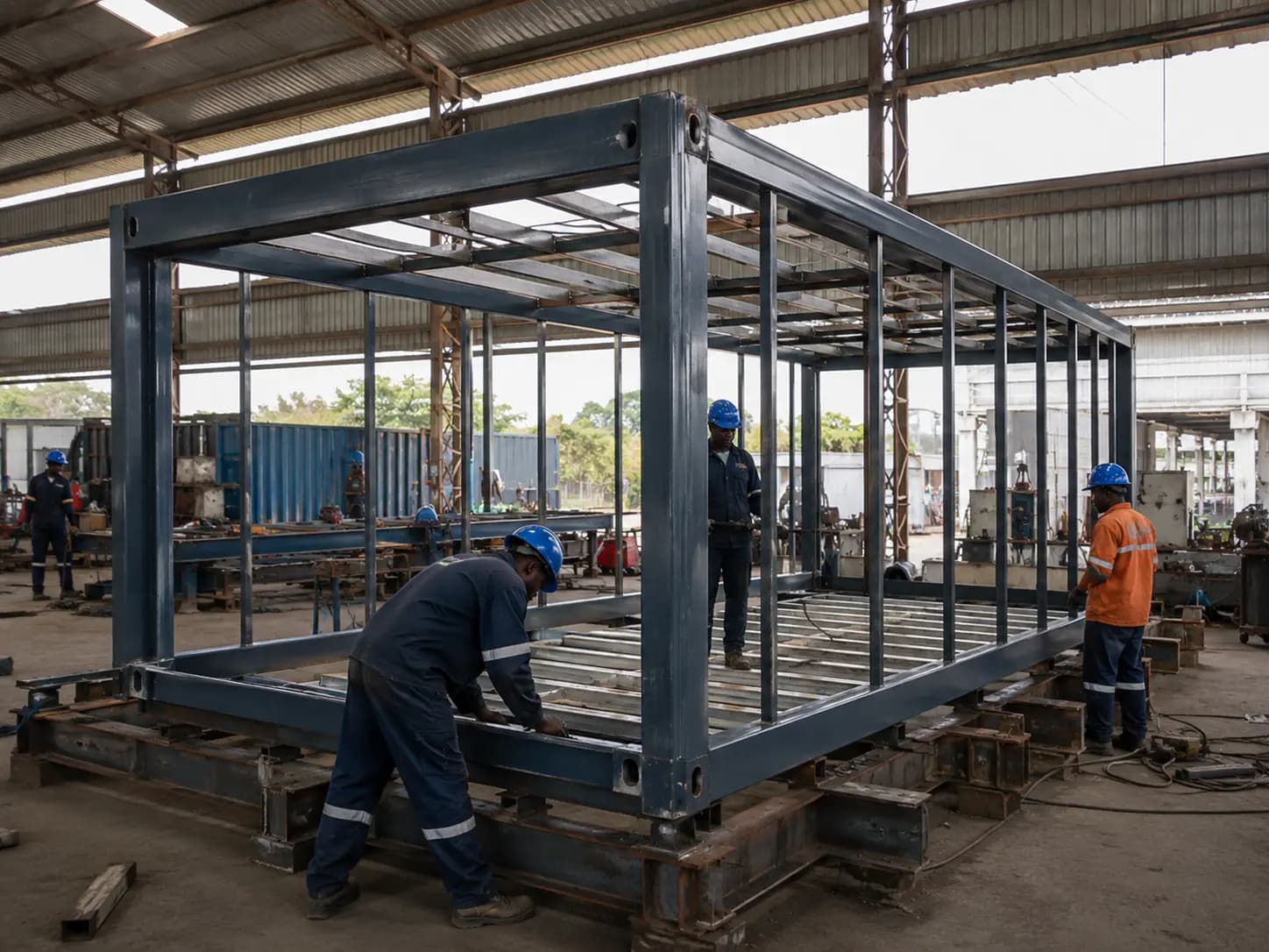 Assemblage d’une ossature métallique de bâtiment modulaire en atelier