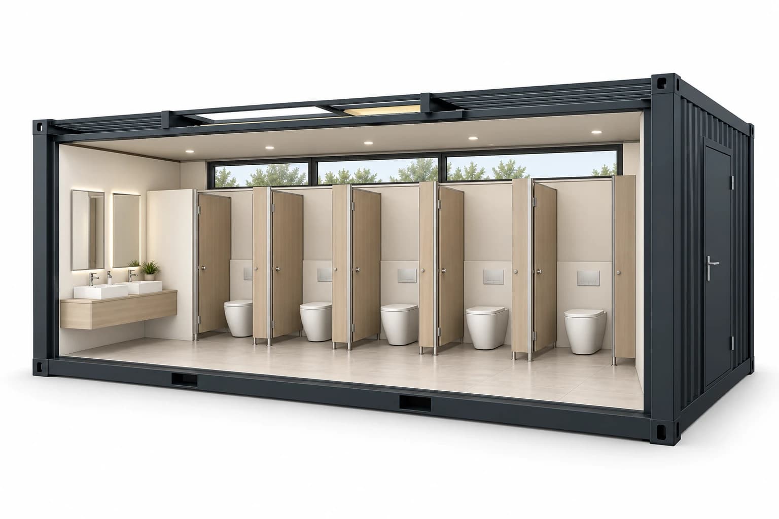 Vue intérieure du bloc sanitaire avec 5 WC